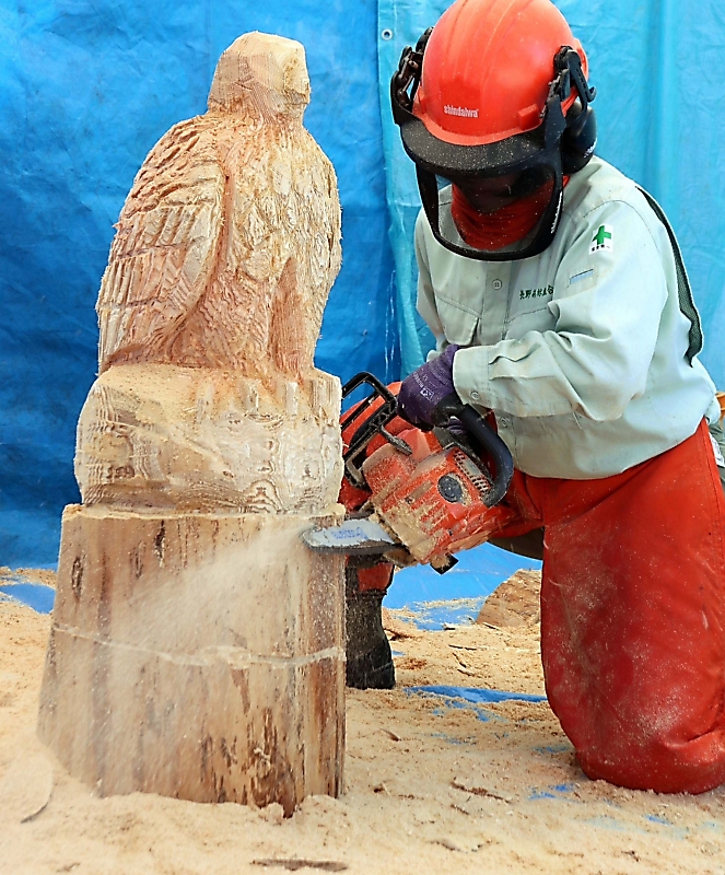 迫力がすごい」 チェーンソーを使ってトビの彫像作り 須坂市動物園