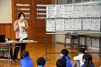 当時発行した「瓦版」を掲示し震災の教訓を児童に訴える島崎さん（左）