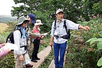 下諏訪町地域開発公社観光振興局のツアーでガイドの説明を聞く観光客ら＝八島ケ原湿原