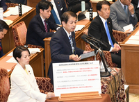 衆院予算委で質問する宮下氏（中央）とパネルを持つ藤田氏（手前左）＝27日