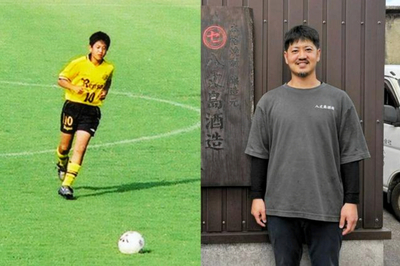 プロサッカー選手を目指していたころの奥山武宰士さん（左）。右が現在＝本人提供
