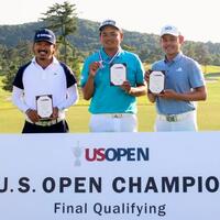 　全米オープン選手権の出場権を獲得した（左から）佐藤大平、大岩龍一、大西魁斗＝日野GC