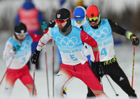北京五輪複合男子個人ラージヒル　後半距離で順位を上げ、銅メダルに輝いた渡部暁斗＝張家口、2022年2月（小西由紀撮影）