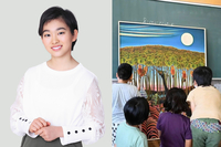 村山輝星さん（左）と東御市内の小中学校で行っている朝鑑賞の様子（いずれも市提供）
