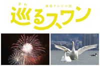 「巡るスワン」番組ロゴ㊤と諏訪湖の花火㊧と、コハクチョウ
