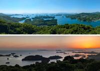　208の島々からなる九十九島。下は日没前＝長崎県佐世保市（ともにパノラマ写真）