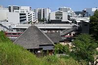　金沢八景権現山公園から見た金沢八景駅。手前に京急の駅ホーム、奥にとがった屋根のシーサイドライン駅舎がある