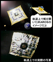 分離カメラで撮影した実際のIKAROSの写真（下）。探査機の自撮りをしたのは世界でも類を見ない（ⓒJAXA）