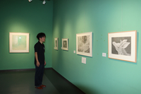 鉛筆で動物などを描く斎藤さんの作品（右）と、アヤコさんが自然をテーマに描く抽象的な作品（左端）が並ぶ会場