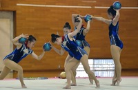 学校の文化祭で演技を披露する伊那西高新体操部の選手たち