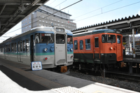 「長野色」（左）と「湘南色」の115系車両＝上田駅