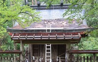 銅版がはがれた信濃宮の屋根
