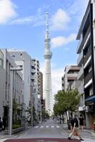 　「安兵衛寿し」の近くから見える東京スカイツリー＝東京都墨田区