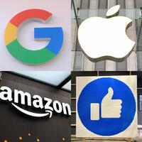 GAFAと呼ばれる米IT4社のロゴやアイコン。左上から時計回りにグーグル、アップル、フェイスブック、アマゾン・コム（共同）
