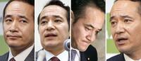 　記者団の取材に応じる簗農相。（左から）2日午前の記者会見、2日夕の記者会見、撤回と謝罪をした5日の取材対応、6日の閣議後記者会見