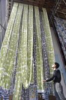 　染料を洗い流した生地は天井からつり下げ、天日で自然乾燥させる＝浜松市