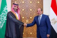 　サウジアラビアのムハンマド皇太子（左）と握手するエジプトのシシ大統領＝9月15日、カイロ（サウジ王室提供・ロイター＝共同）