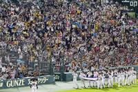 満員のファンの前で優勝セレモニーを行う阪神＝10月6日、甲子園球場